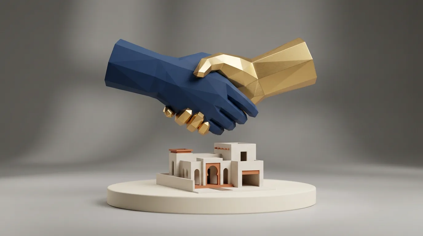 Poignée de main 3D entre deux agences au-dessus d'une villa marocaine miniature