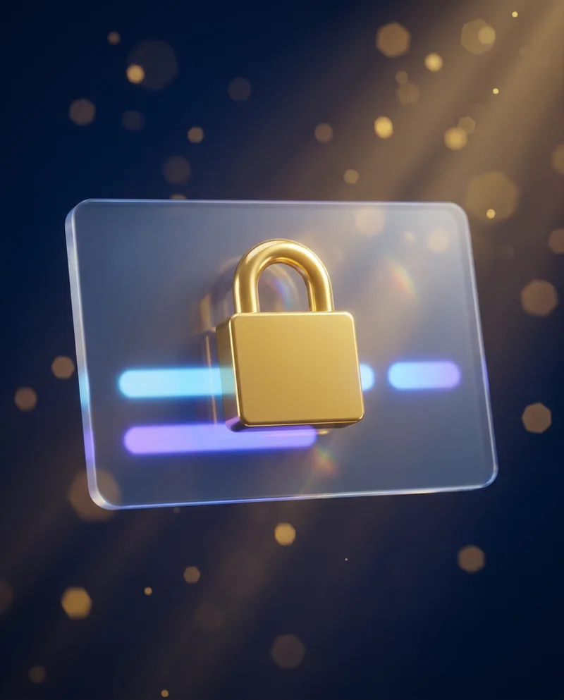 Carte de contact en verre dépoli protégée par un cadenas doré — coordonnées masquées
