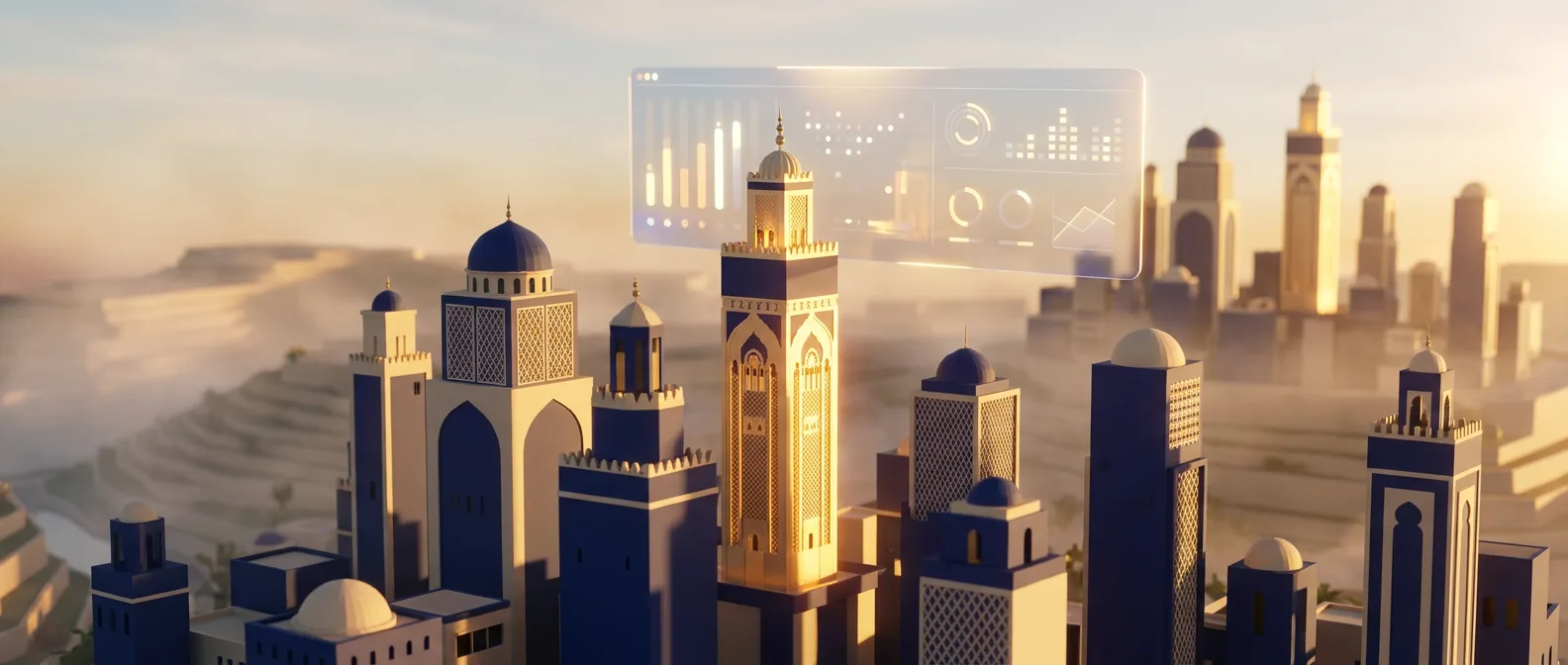Vue cinématique 3D de la skyline marocaine avec un tableau de bord Darix holographique — l'agence pilotée depuis une seule app