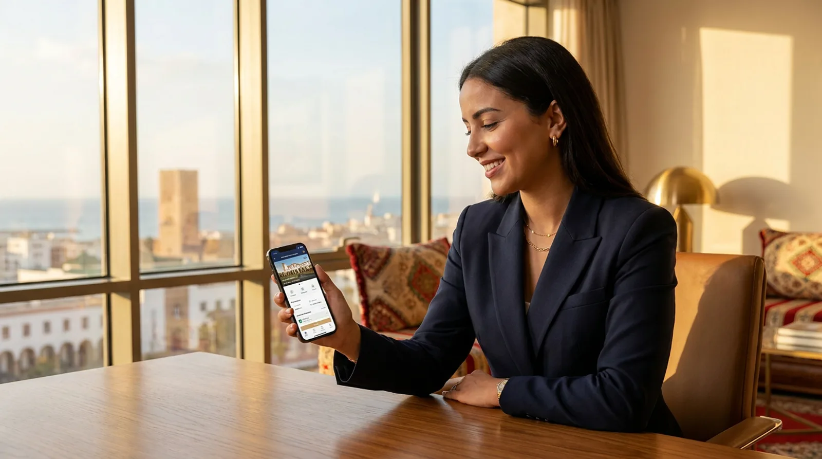 Agent immobilier marocain utilisant l'application Darix sur son smartphone dans un bureau moderne à Rabat, lumière chaude