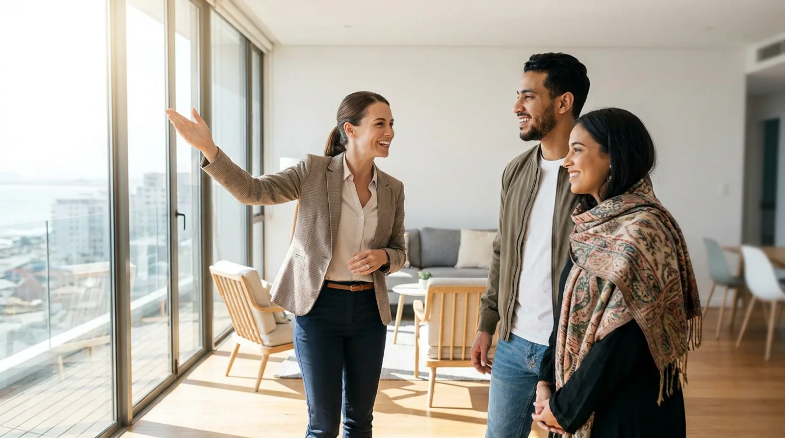 Couple visitant un appartement moderne avec un agent
