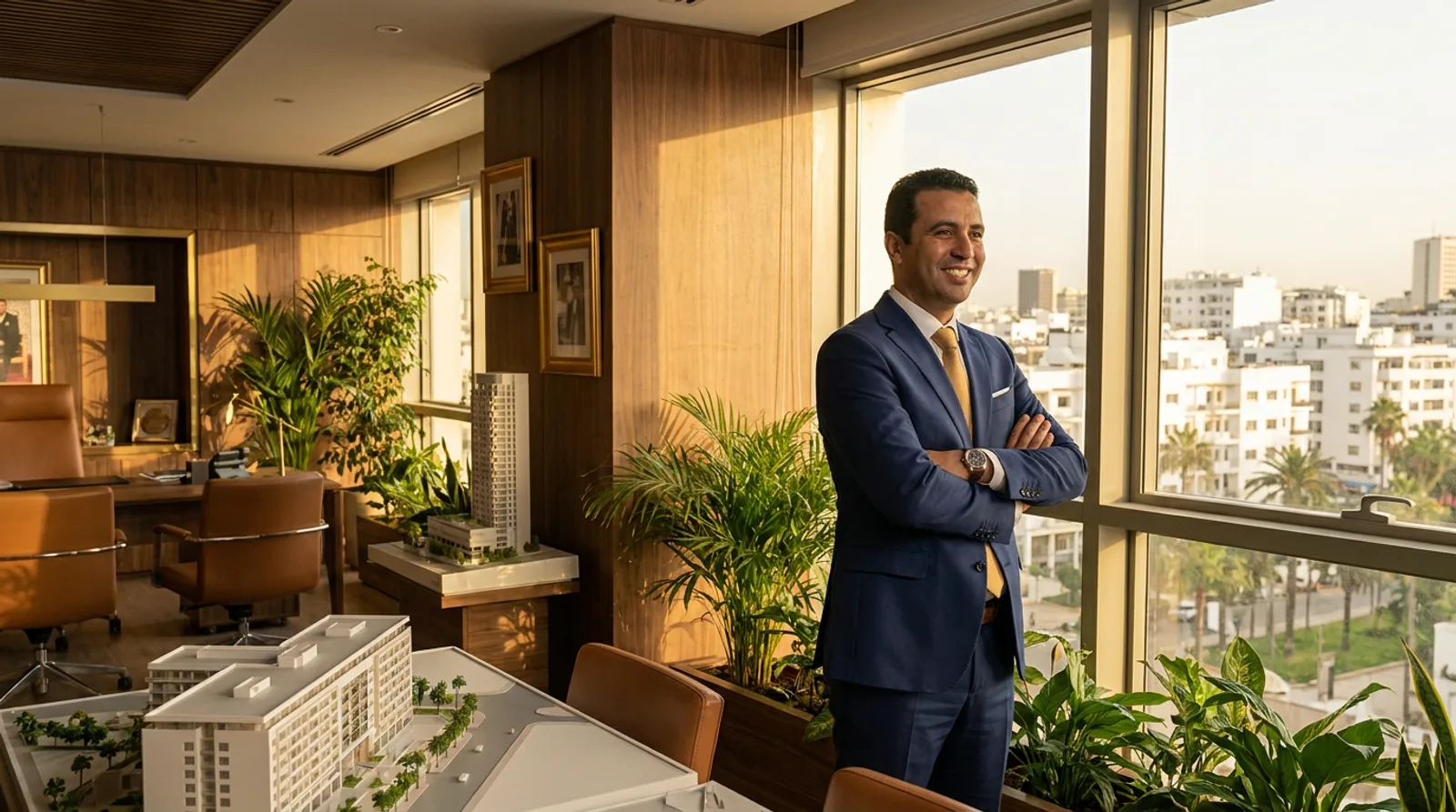 Agent immobilier marocain souriant dans un bureau moderne