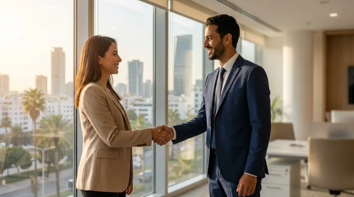 Deux agents immobiliers marocains se serrant la main dans une agence