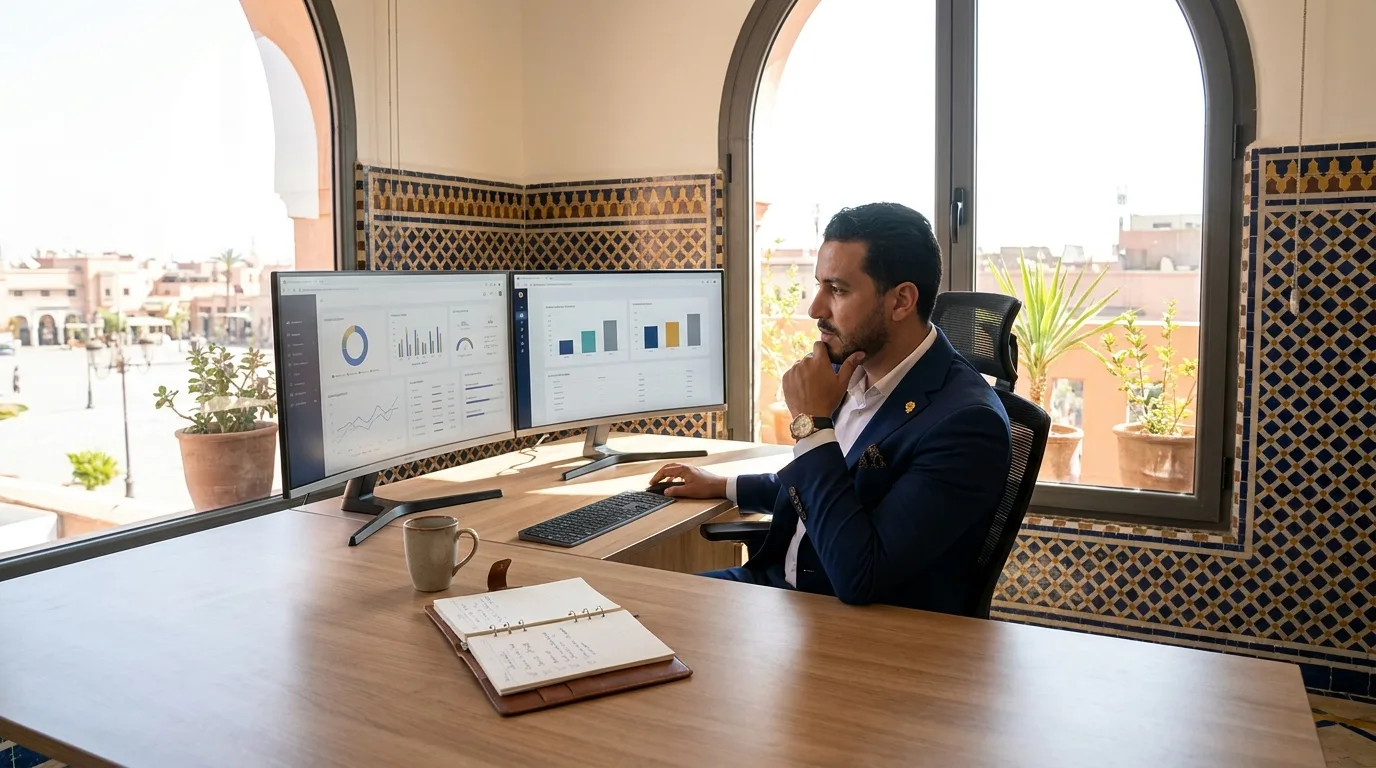 Directeur d'agence immobilière marocain comparant des logiciels sur deux écrans