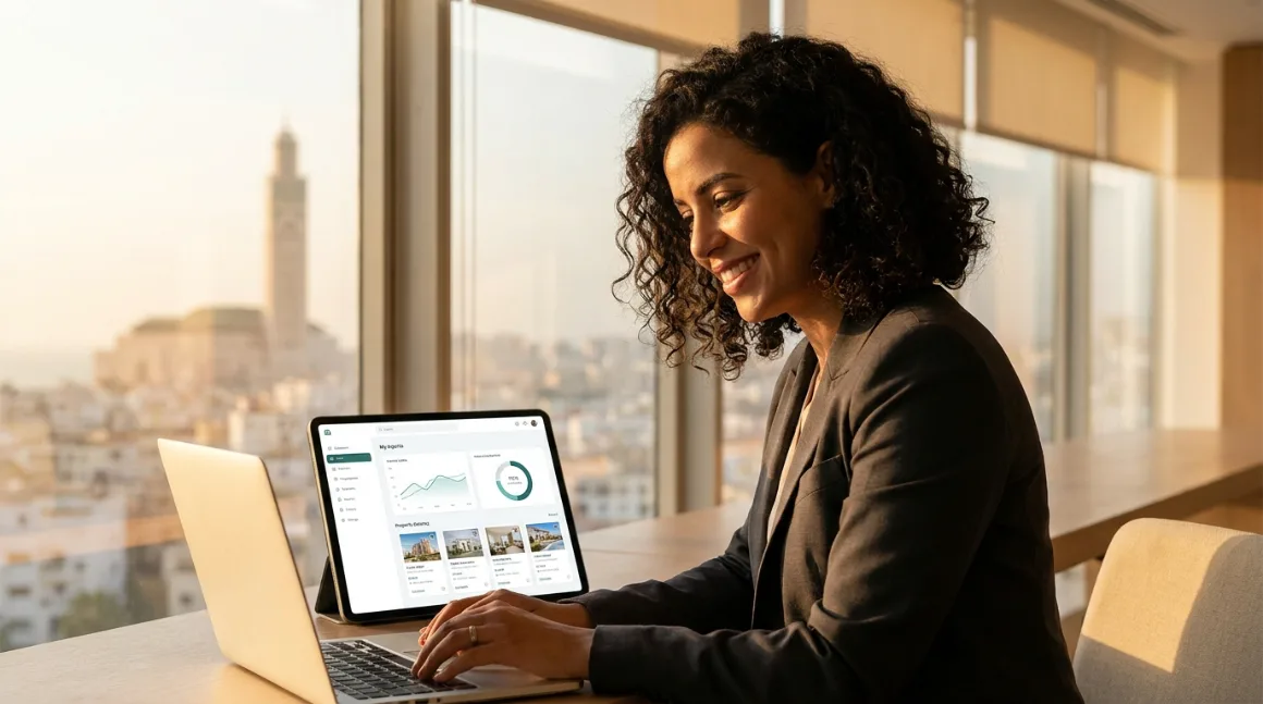 Agent immobilier marocain utilisant un CRM sur un ordinateur portable