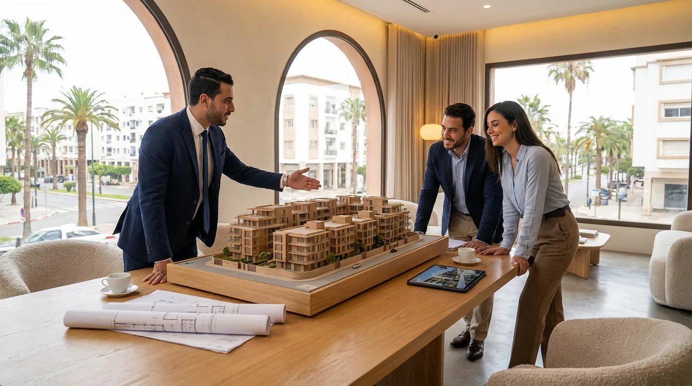 Promoteur immobilier présentant la maquette d'un programme résidentiel à des clients