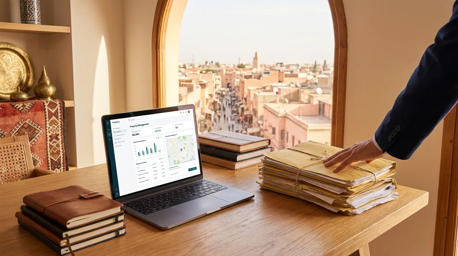 Bureau moderne avec un laptop affichant un dashboard organisé