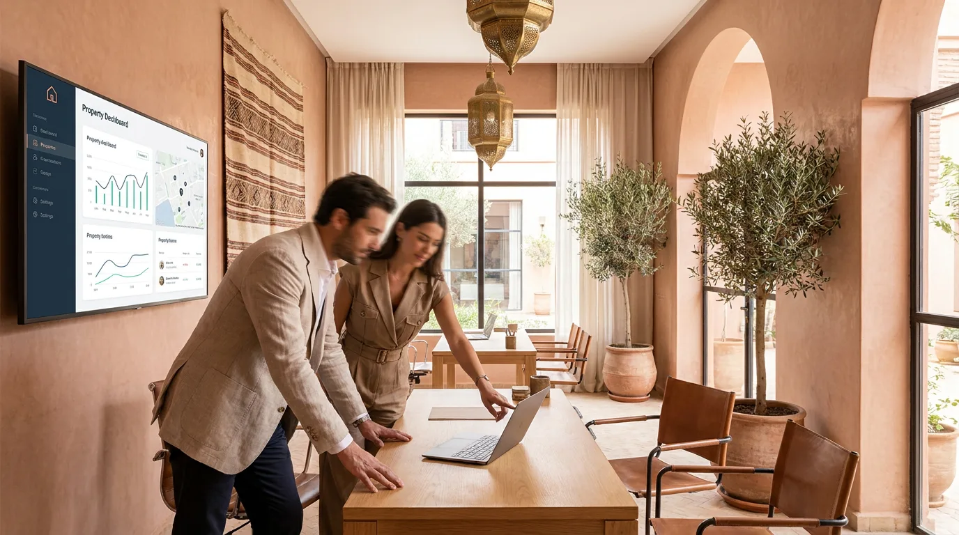 Deux agents immobiliers marocains travaillant sur un tableau de bord digital dans une agence moderne