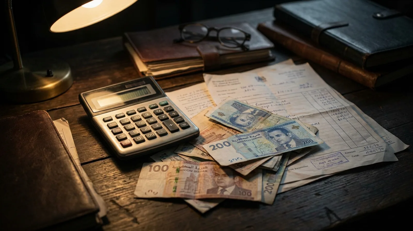 Calculatrice et billets en dirham sur un bureau
