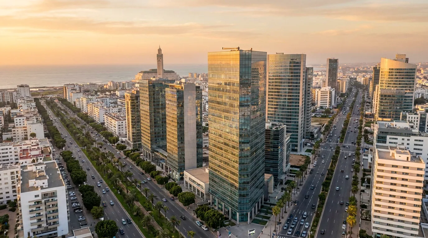 Vue aérienne de Casablanca et de son quartier d'affaires au coucher du soleil