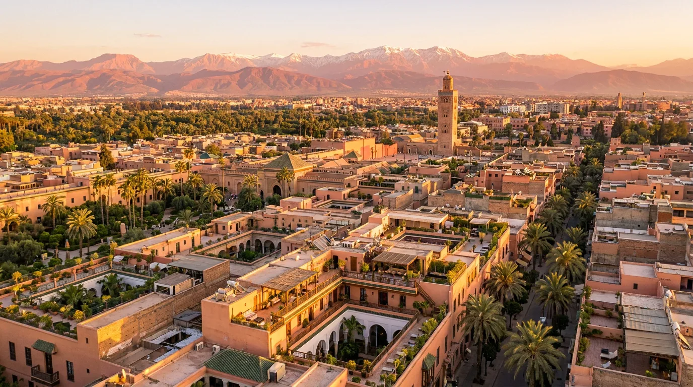 Vue aérienne de Marrakech, sa médina et les montagnes de l'Atlas au coucher du soleil