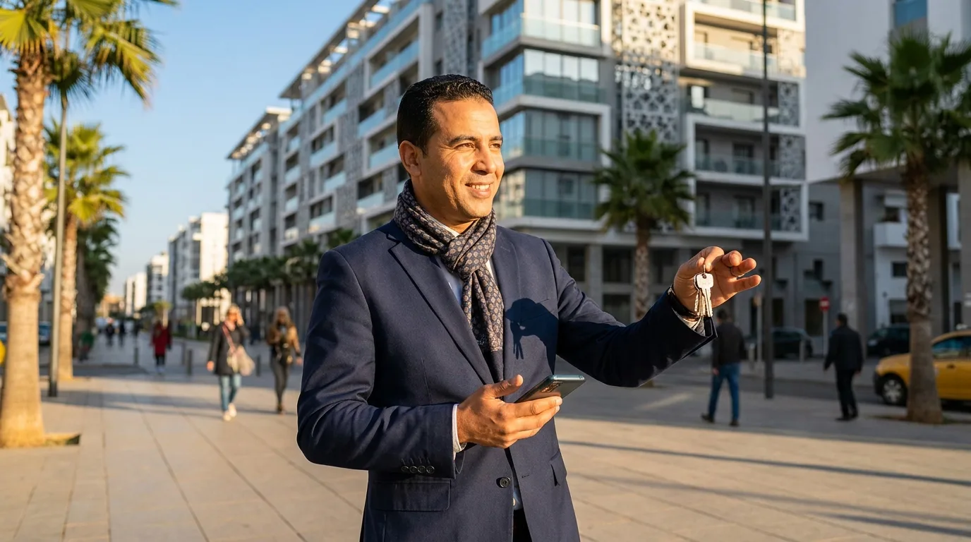 Agent immobilier marocain utilisant son smartphone devant un immeuble moderne