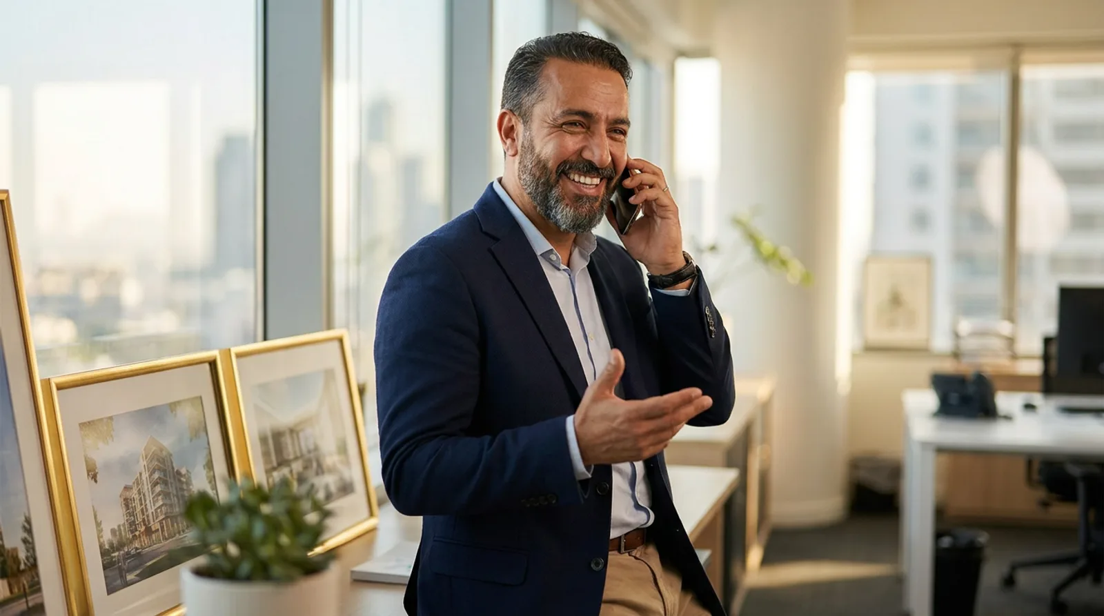 Agent immobilier au telephone dans un bureau moderne