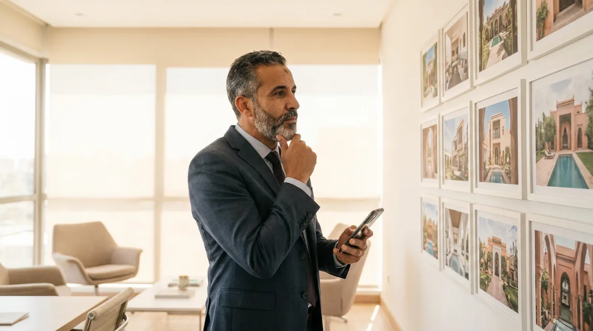 Agent immobilier marocain regardant un bien sur son smartphone